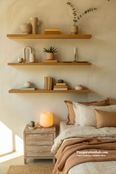 Warm bedroom aesthetic with floating shelves curated decor and minimalist cozy styling