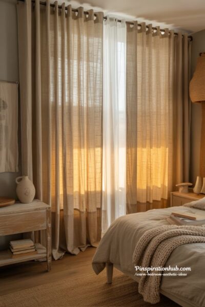 Warm bedroom aesthetic with flowing linen curtains soft golden light and cozy natural textures