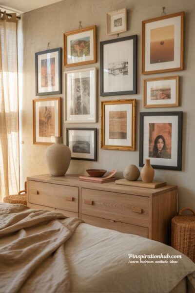 Warm bedroom aesthetic with gallery wall personal photos and cozy earthy bedroom decor