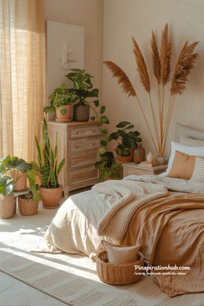 Warm bedroom aesthetic with indoor plants dried pampas grass and earthy natural decor