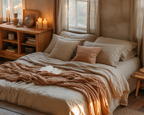 Warm bedroom aesthetic with layered textures earthy tones and golden ambient lighting