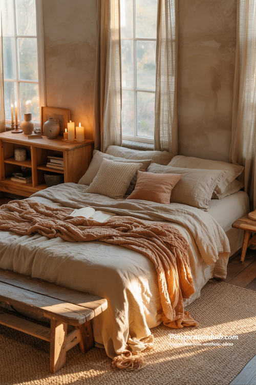 Warm bedroom aesthetic with layered textures earthy tones and golden ambient lighting