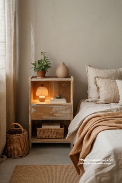 Warm bedroom aesthetic with minimal surfaces clear nightstand and cozy textured calm interior