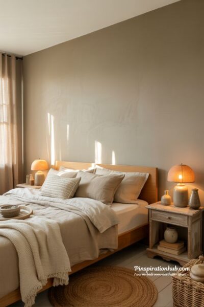 Warm bedroom aesthetic with neutral greige wall paint cozy soft minimalist bedroom design