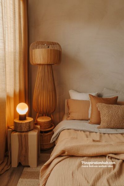 Warm bedroom aesthetic with rattan floor lamp cozy layered lighting and earthy natural textures