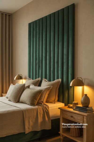 Warm bedroom aesthetic with velvet headboard layered neutral bedding and cozy ambient lighting