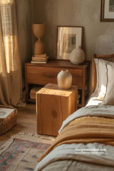 Warm bedroom aesthetic with vintage wooden nightstand layered bedding and cozy earthy textures