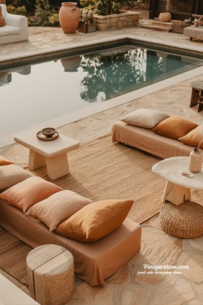 Warm earth tone pool side decorating ideas with terracotta and natural stone backyard styling