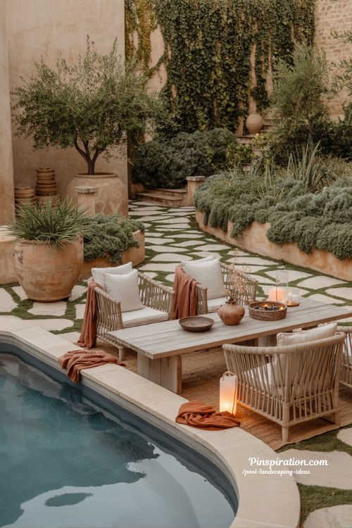 Warm mediterranean pool landscaping ideas with cozy evening lighting