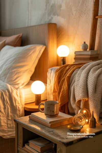 Warm white bedroom lighting aesthetic with cozy ambient lamps and layered neutral textures
