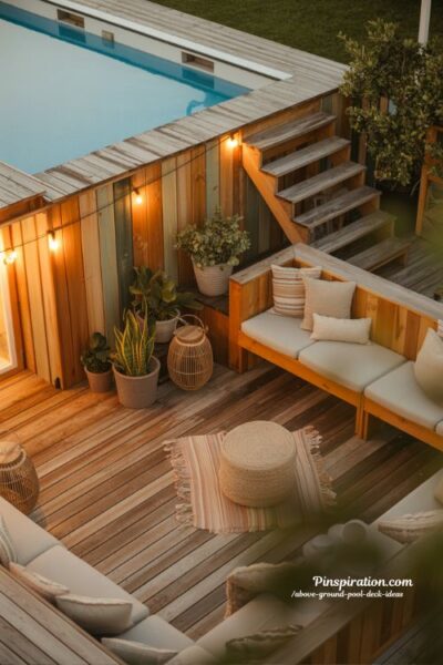 Warm wooden above ground pool deck ideas with cozy backyard lighting