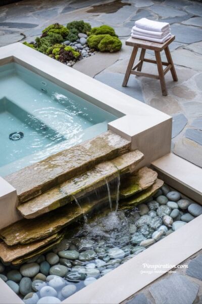 Waterfall feature jacuzzi outdoor ideas with natural stone fountain and calming backyard spa design