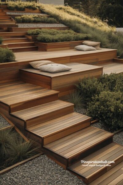 Wide timber step seating ideas for sloped backyard with layered deck-style outdoor terraces