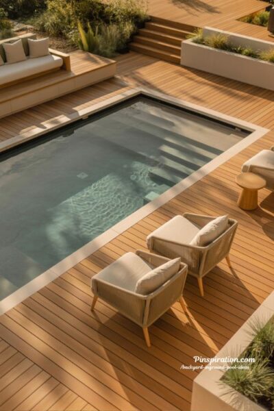 Wooden deck backyard pool ideas with natural warm outdoor modern design