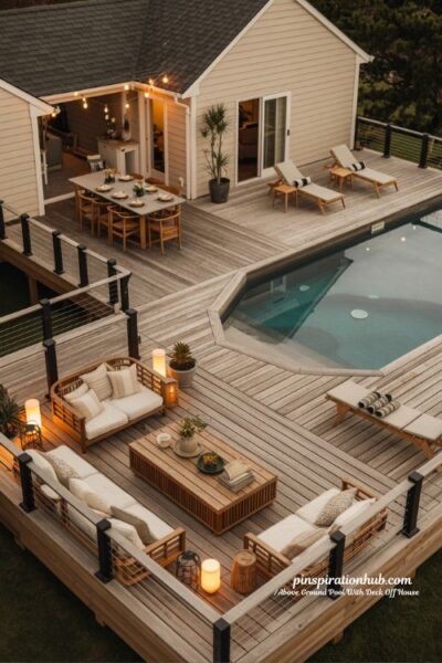 Wraparound above ground pool deck with outdoor dining and lounge zones