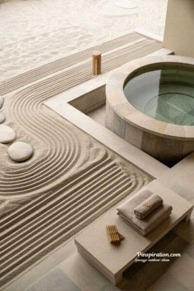 Zen inspired jacuzzi outdoor ideas with stone sand garden and calm minimalist backyard spa design