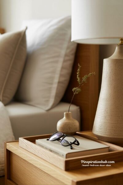 bedside table styling ideas modern nightstand decor minimal bedroom setup aesthetic cozy master bedroom organization tips curated bedside styling