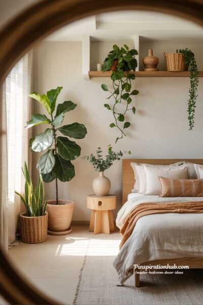 biophilic bedroom design ideas indoor plants master bedroom decor natural greenery aesthetic cozy organic bedroom inspiration plants in bedroom styling