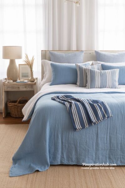 blue and white coastal grandma bedroom with striped bedding and layered cottage style throws