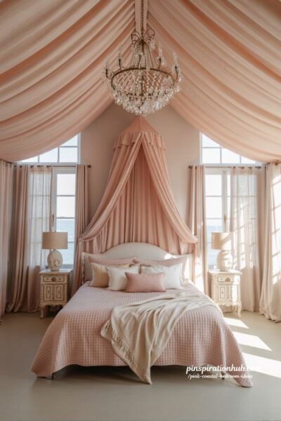 blush pink canopy bedroom with crystal chandelier and romantic coastal fairytale decor