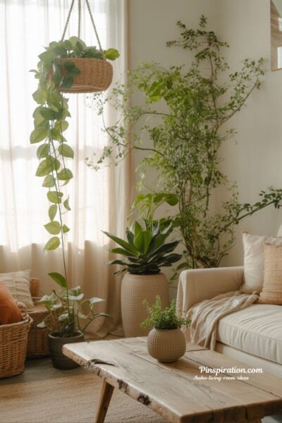 boho living room ideas indoor plants natural greenery cozy earthy interior hanging plants bohemian living room decor