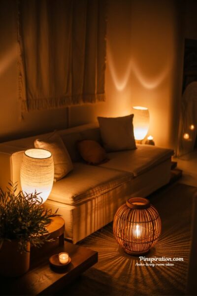 boho living room ideas layered lighting warm cozy ambiance lamps lanterns candles bohemian interior mood lighting design