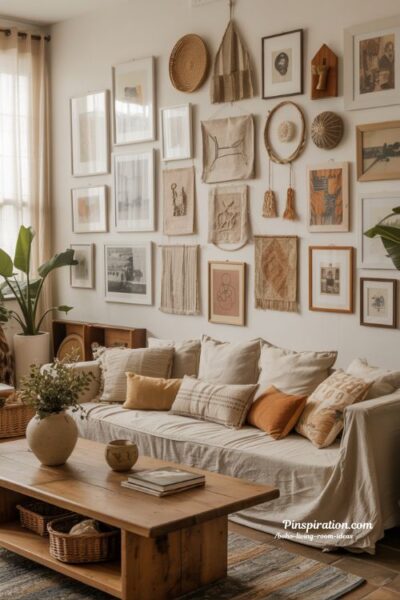 boho living room ideas wall art gallery wall bohemian decor mixed frames woven wall hanging cozy personal interior styling