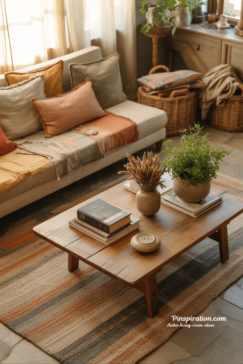 boho living room ideas warm cozy layered textures natural earthy decor editorial interior style