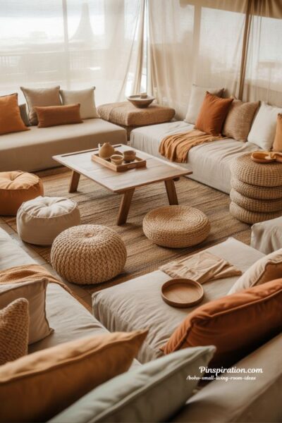 boho small living room ideas cozy floor seating relaxed minimalist earthy interior design