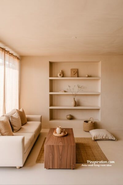 Shot type — Wide-angle, eye-level editorial interior shot capturing a compact living room with full spatial clarity and balanced composition Room description — A small boho living room built on earthy foundations, where simplicity leads the design. The space feels open, breathable, and calm, with every element chosen slowly and intentionally. It reflects the idea that a small room becomes beautiful not through filling it, but through restraint and harmony. Style and era — Modern bohemian minimalism with natural earthy influences, soft contemporary boho, subtle rustic Mediterranean undertones Color palette — Warm beige walls, creamy off-white tones, soft sand, light walnut wood, muted clay accents, faded oat linen shades Key props and details — Compact linen sofa in soft neutral fabric, light wooden coffee table with visible grain, simple ceramic decor pieces, minimal open shelving with curated objects, woven jute rug grounding the space, understated linen cushions, small natural fiber basket, subtle clay vase with dried stems, uncluttered wall space emphasizing breathing room and negative space Lighting — Gentle natural daylight filtering through sheer curtains, evenly illuminating the room with a soft, warm glow that highlights textures without harsh contrast, creating a calm mid-morning atmosphere Mood and atmosphere — A peaceful, uncluttered environment where earthy tones create emotional stability, soft neutrals expand the feeling of space, and minimal layering allows each object to feel intentional. The room feels quietly lived-in, balanced, and emotionally grounded, as if it has evolved slowly over time rather than being designed in one moment Technical tail — no people, no text, no watermarks, no blur, no bokeh, all surfaces in sharp focus, photorealistic, 4K resolution, editorial interior photography, Pinterest-worthy