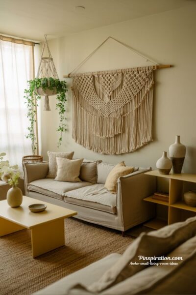 boho small living room ideas macrame wall decor cozy handmade textured neutral interior