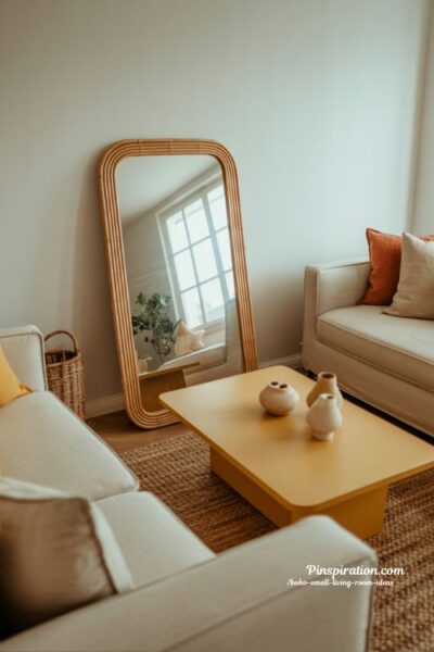 boho small living room ideas mirror light reflection airy cozy natural interior design