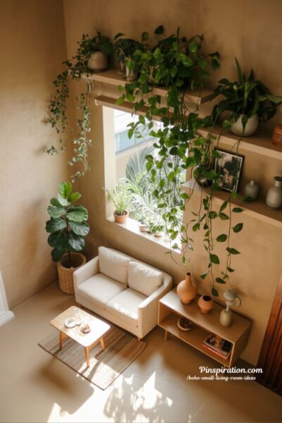 boho small living room ideas plant filled corners natural greenery cozy indoor jungle aesthetic