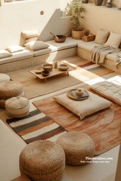 boho small living room ideas soft floor seating cozy relaxed minimalist earthy interior layout