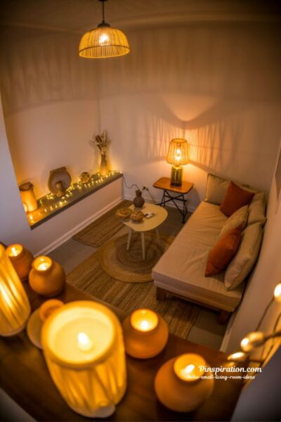 boho small living room ideas warm lighting cozy ambient soft glow intimate evening interior
