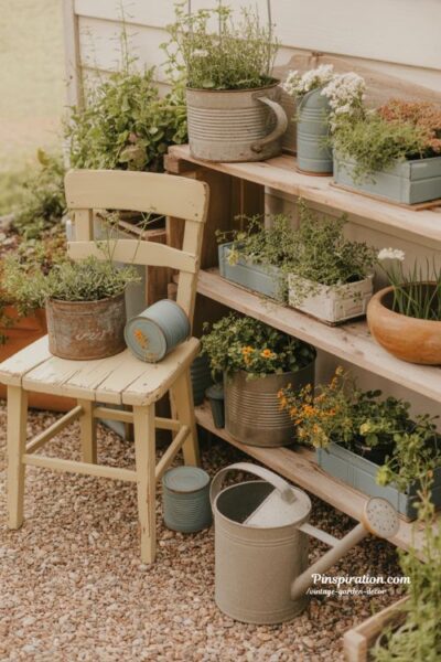 budget friendly vintage garden with repurposed furniture and rustic cottage decor aesthetic