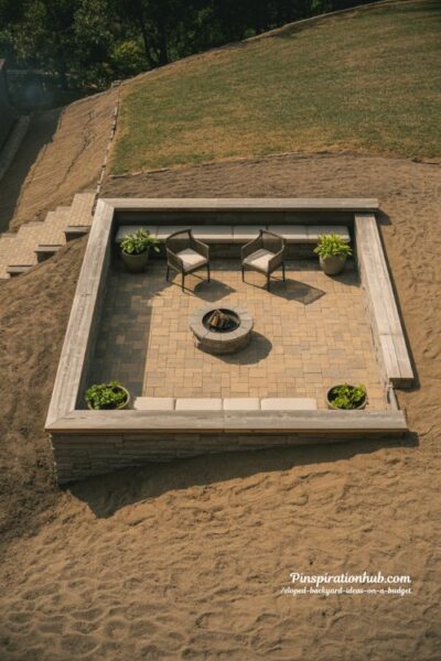 carved terrace seating area on sloped backyard with paver patio fire pit and retaining edge outdoor living space design in warm natural light
