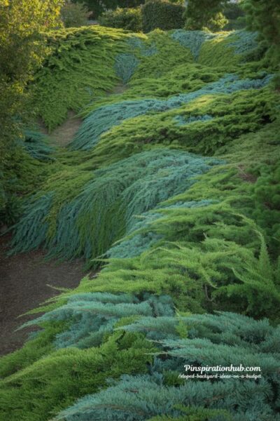 cascading juniper groundcover on sloped backyard evergreen erosion control landscape design with blue green spreading junipers natural low maintenance hillside garden