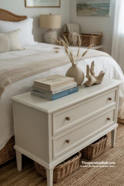 coastal farmhouse bedroom dresser styling with woven baskets and coastal coffee table books neutral curated decor