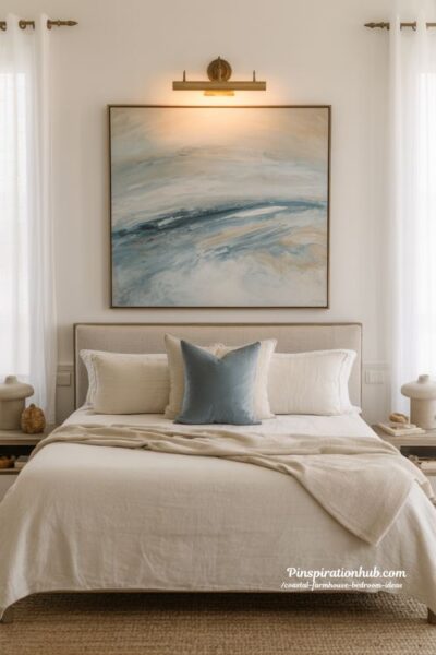 coastal farmhouse bedroom with abstract coastal wall art and brass picture light elegant neutral gallery style interior