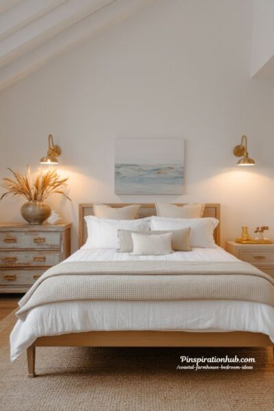 coastal farmhouse bedroom with brass wall sconces and warm gold hardware elegant neutral coastal interior design