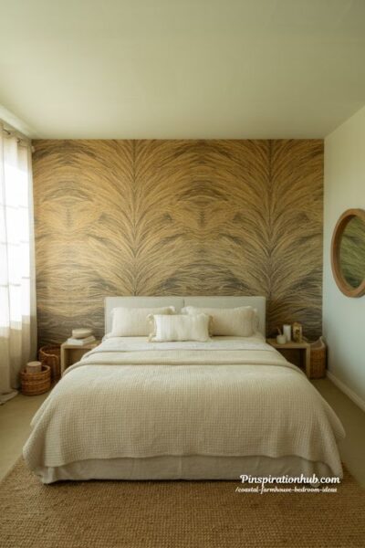 coastal farmhouse bedroom with grasscloth wallpaper accent wall and natural woven textures serene neutral interior design