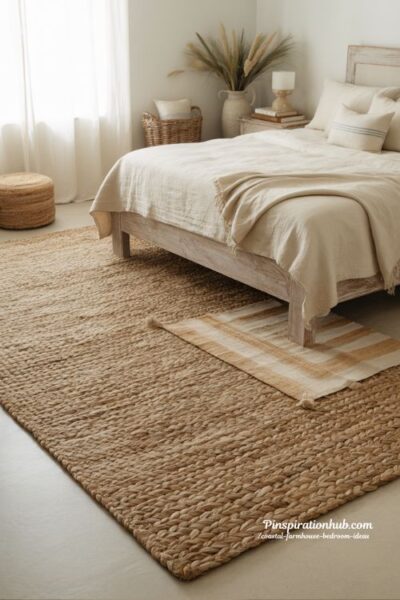 coastal farmhouse bedroom with layered jute rug and natural woven textures warm grounded retreat