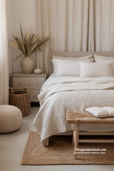 coastal farmhouse bedroom with layered textures linen jute wood and knit pouf cozy neutral interior design