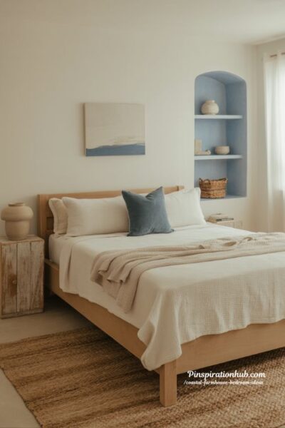 coastal farmhouse bedroom with muted blue accent decor and abstract ocean inspired wall art serene neutral style