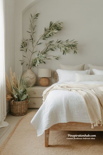 coastal farmhouse bedroom with olive branch decor and woven basket botanical neutral interior styling