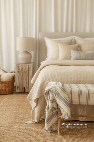 coastal farmhouse bedroom with striped accent throw and neutral linen textures soft modern coastal style