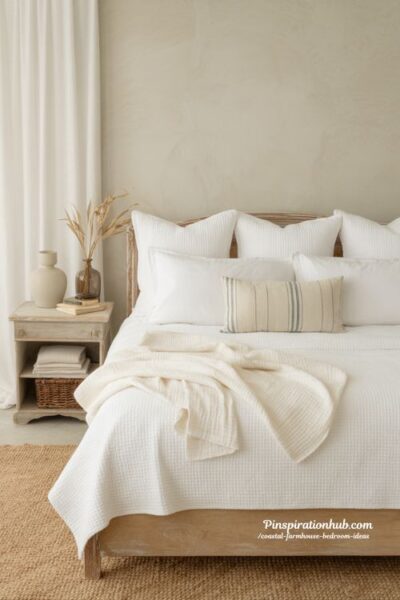 coastal farmhouse bedroom with white layered bedding and striped lumbar pillow calm airy minimalist retreat