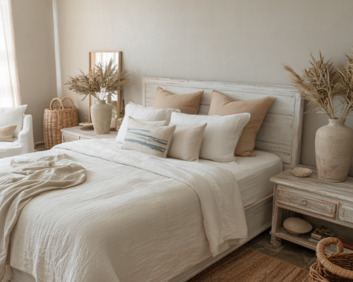 coastal farmhouse bedroom with white linen bedding and rustic wicker decor serene airy retreat