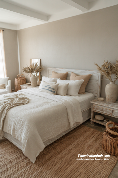 coastal farmhouse bedroom with white linen bedding and rustic wicker decor serene airy retreat